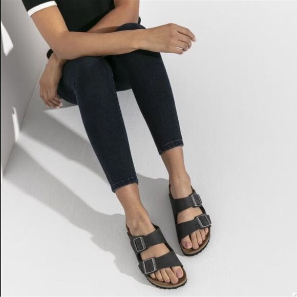 Birkenstock Arizona Birko-Flor Black Leather Sandals US 8-8.5 Boho Coastal Beach - Picture 12 of 15